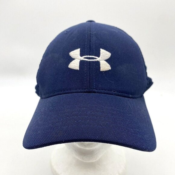 Under Armour Ball Hat‎ Cap Blue Half Mesh Fitted Large Stretch Logo Spellout - Picture 1 of 14